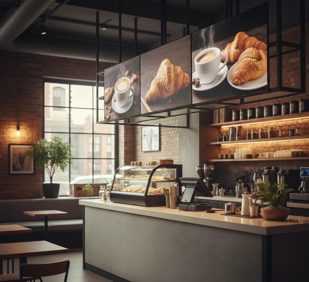 Imagen de un Cafe con una cartelera mostrando productos.